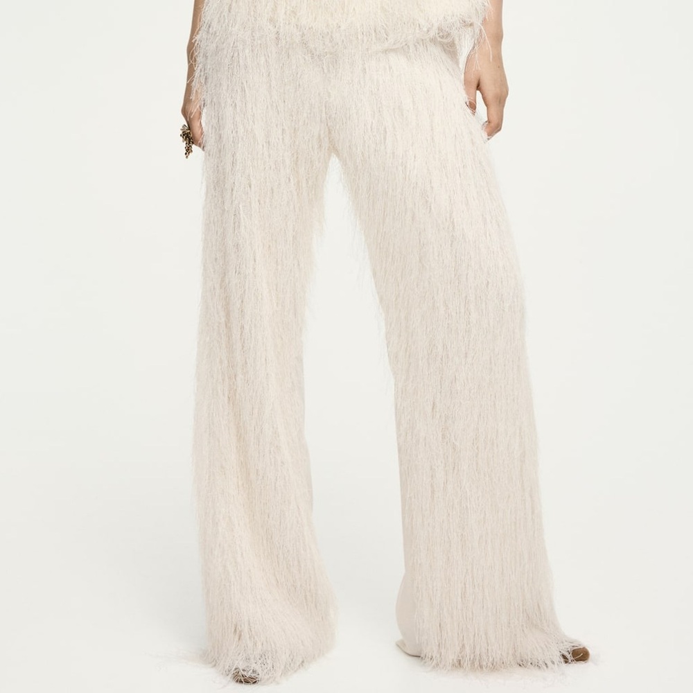 H&M Cream Flared Fringe Palazzo Pants